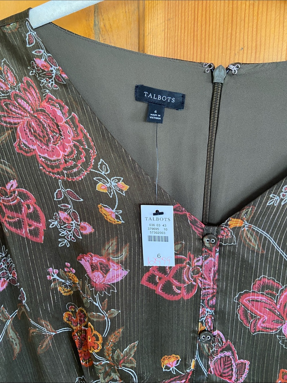 Talbots Olive Floral Long-Sleeve Midi Dress with Pink Accents and Gold Shimmer - Picture 2 of 4
